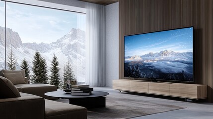 Modern Living Room Interior with Mountain View on TV and Large Windows