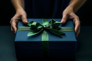 **Description:** A pair of hands presents a beautifully wrapped blue gift box adorned with a green ribbon and bow, symbolizing celebration and thoughtfulness.