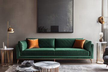 Velvet Chic Exquisite Living Room Interior with Deep Green Sofa