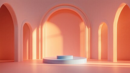 Simple empty podium in the center of an arched room with pastel-colored walls, light pink and orange blue background. ideal for product display or presentation purposes.