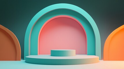 Simple empty podium in the center of an arched room with pastel-colored walls, light pink and orange blue background. ideal for product display or presentation purposes.