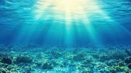 Fototapeta premium Underwater Coral Reef Scene with Sunlight Rays