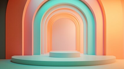 Simple empty podium in the center of an arched room with pastel-colored walls, light pink and orange blue background. ideal for product display or presentation purposes.