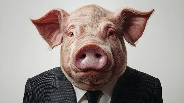 A surreal image of a pig's head on a suited body, merging animal and human characteristics to create a striking visual commentary on society.