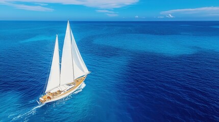 Fototapeta premium Aerial View of Sailboat on Calm Ocean with Blue Sky and Clouds