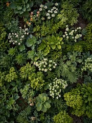 Top-down view of bright greens and blossoms in nature.