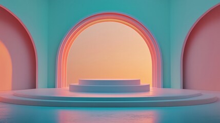 Simple empty podium in the center of an arched room with pastel-colored walls, light pink and orange blue background. ideal for product display or presentation purposes.