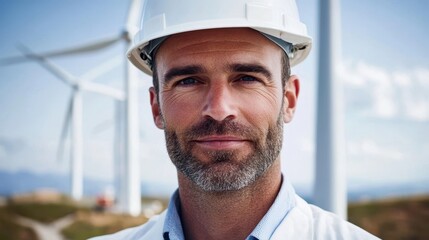 Wind turbine engineer wearing a hard hat with a confident expression