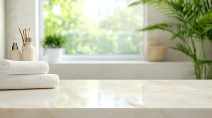 A serene bathroom scene featuring soft towels, skincare products, and natural light for a calming atmosphere.