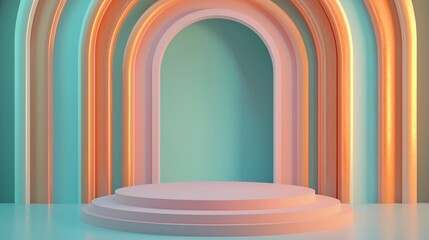 Simple empty podium in the center of an arched room with pastel-colored walls, light pink and orange blue background. ideal for product display or presentation purposes.