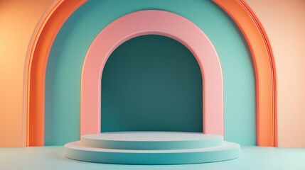 Simple empty podium in the center of an arched room with pastel-colored walls, light pink and orange blue background. ideal for product display or presentation purposes.