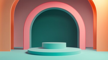 Simple empty podium in the center of an arched room with pastel-colored walls, light pink and orange blue background. ideal for product display or presentation purposes.
