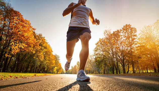 A runner man running alone toward the sun in the park with tree on both side of the road.