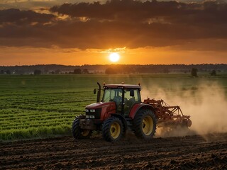 Fototapeta premium Tractor plowing a field at sunset, showcasing agricultural life.