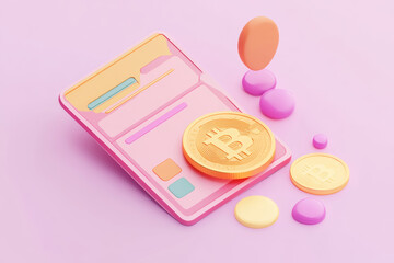 A digital wallet with Bitcoin coins and colored tokens arranged on a pastel pink background, illustrating modern currency concepts and digital finance