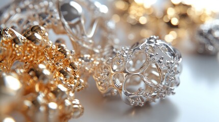 Fototapeta premium a group of silver and gold ornaments on a white surface. generative ai
