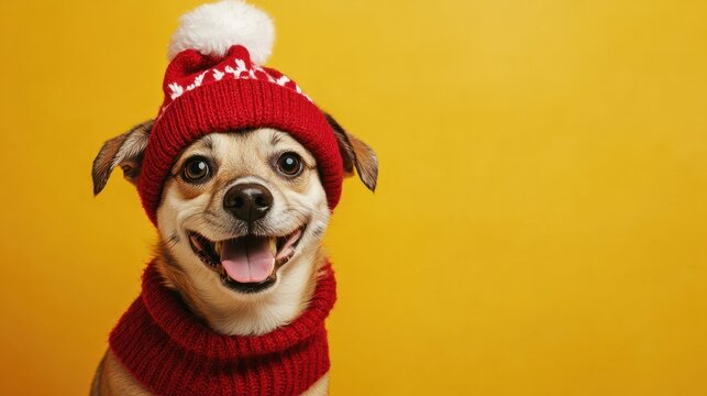 A happy dog with a christmas hat, winter concept, isolated on solid yellow studio background advertisement, copy text space.