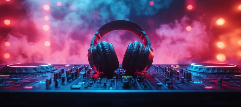 Colorful DJ headphones on DJ console in the background of a fuzzy smoky dark nightclub