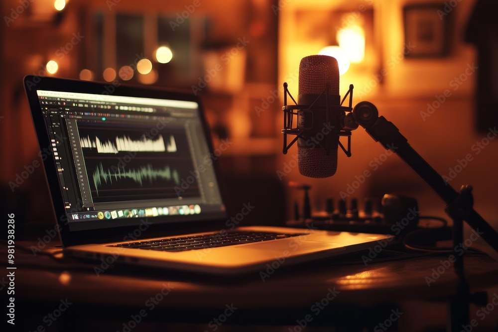 Poster a close-up of a microphone and a laptop with audio editing software.