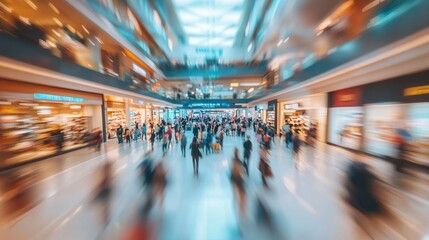 Abstract blurred photo of many people shopping inside department store or modern shopping mall. Urban lifestyle and black friday shopping concept
