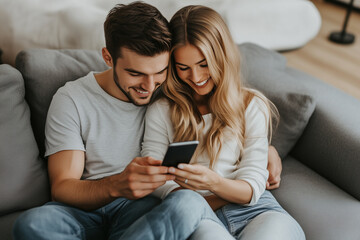 Obraz premium couple hugging while sitting on the couch and looking at smartphone screen