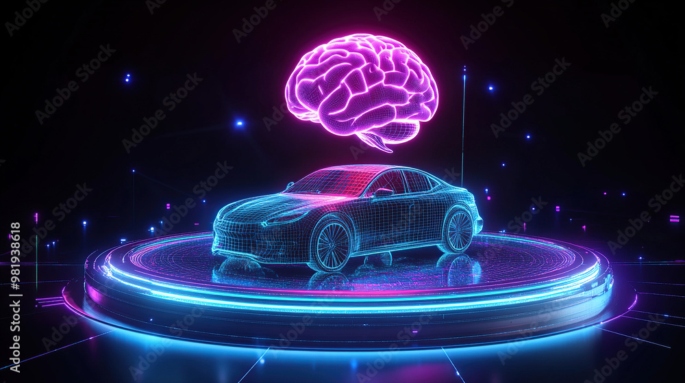 Poster 3d rendering of a holographic model car with a glowing brain floating above it on a circular podium