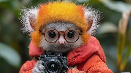 A small monkey wearing glasses and an orange hat holds a camera in a lush green environment, showcasing its playful curiosity