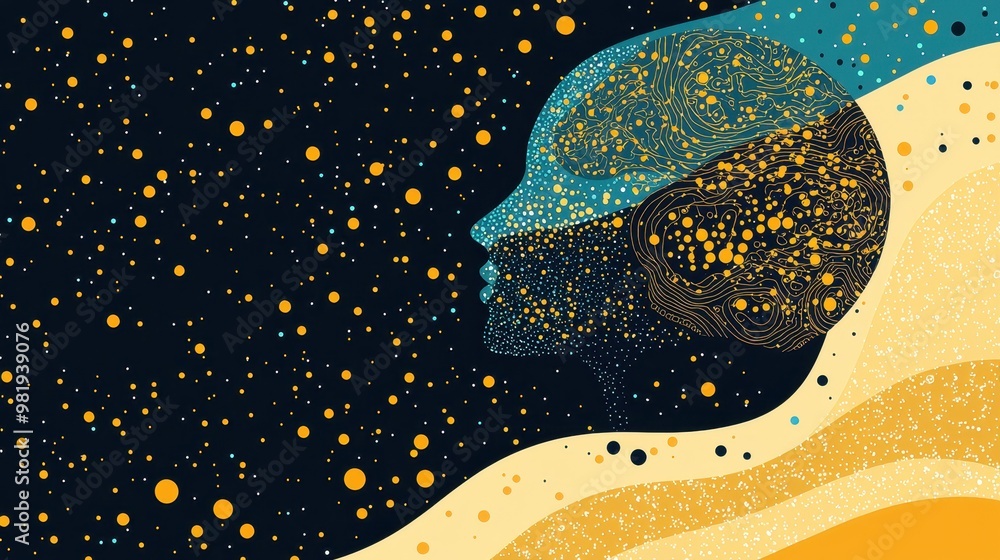 Poster abstract portrait with cosmic background and golden pattern