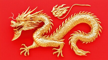 Golden Chinese Dragon on Red Background