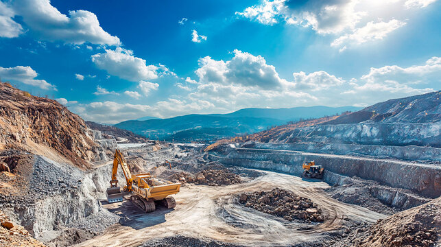 Giant Yellow Caterpillar Shoveling Huge Rocks in Mining Site