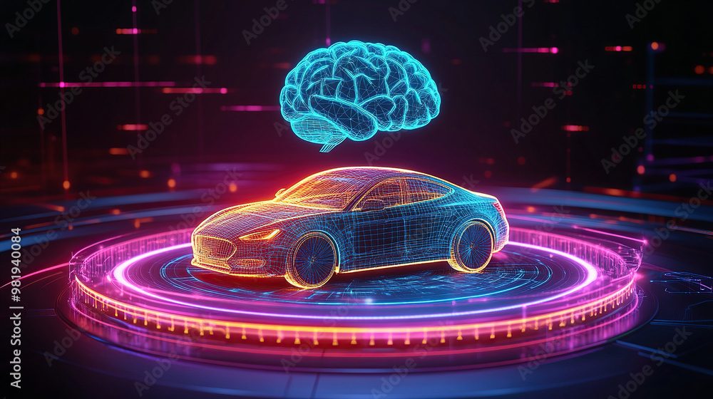 Poster 3d rendering of a holographic model car with a glowing brain floating above it on a circular podium