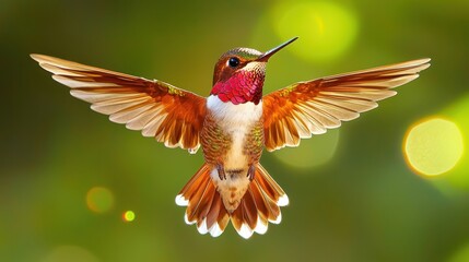 Fototapeta premium Hummingbird in Flight with Blurred Green Background
