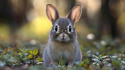Fototapeta premium A curious rabbit wearing glasses looks at the camera while sitting in a forest during golden hour with soft sunlight filtering through trees