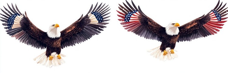 Fototapeta premium Bald Eagles with American Flag Wings, four distinct bald eagles adorned with vibrant American flag wings, , white background, intricately detailed and high resolution