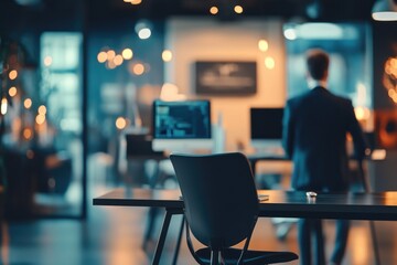 Blurred businessmen working in office with computer on table.