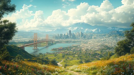 Scenic view of a vibrant city and bridge surrounded by nature.