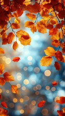 Golden autumn trees and falling maple leaves on a blurred background