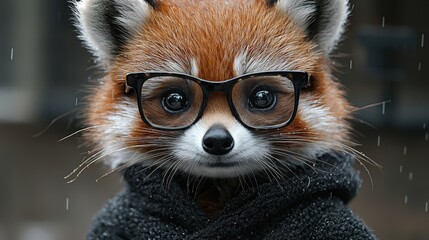 Obraz premium A playful red panda wearing glasses and a black hoodie, standing outdoors during a rain shower, showcasing its unique personality and charm