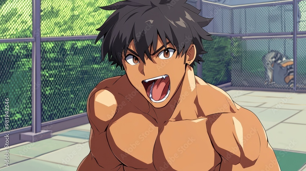 Poster A striking 2D anime character boasts a muscular build, playfully sticking out his tongue against a clean backdrop.