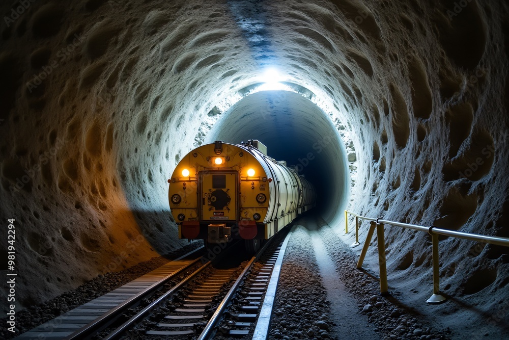 Poster train emerging from tunnel railroad tracks light at end of tunnel