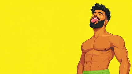 A striking 2D anime character boasts a muscular build, playfully sticking out his tongue against a clean backdrop.
