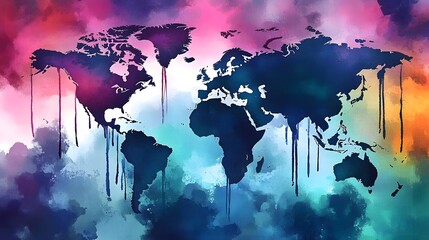 A colorful abstract world map with watercolor-like textures, set against a starry night sky.