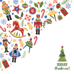 Christmas decorationsvector illustration. New Year's balls, nutcracker and ballerina. Christmas vector card