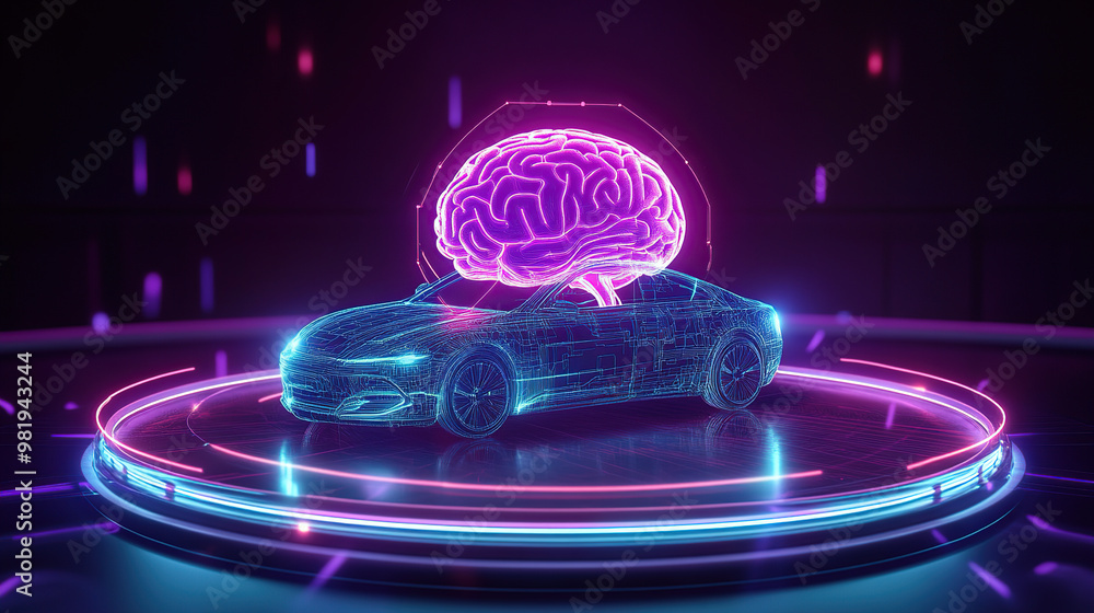 Poster 3d rendering of a holographic model car with a glowing brain floating above it on a circular podium