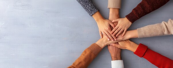 Corporate team forming a circle, placing hands together in the center, symbolizing unity and teamwork