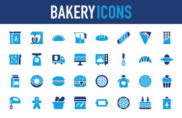 Bakery icons set. Electric Mixer, Food Truck, Shawarma, Cornflakes, French Bread, Measuring Jug, Fast Food, Sliced Bread, Weight Scale, Dessert, Loaf, Microwave, Whisk, Croissant, Rolling Pin vector.