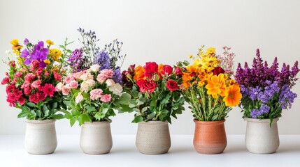 Vibrant Floral Arrangements on a Clean White Background, an array of colorful blooms in various styles showcasing the beauty and diversity of flowers in a minimalist setting