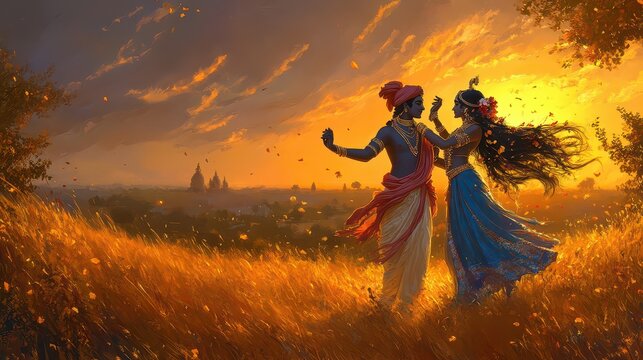Naklejki Beautiful Radha Krishna Image with Sunset Background, Traditional Indian Art, Divine Love, Spiritual, Vibrant Colors