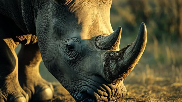A white rhinoceros grazes on grass in the African savanna during the golden hour