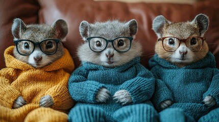Three adorable squirrels wearing glasses and cozy sweaters sit side by side on a sofa in a warmly lit living room